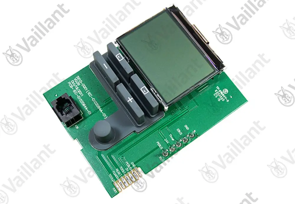 Vaillant Display-Modul mit Steuerknöpfen und LED-Anzeige, auf einer grünen Platine montiert, geeignet für Heizsysteme.